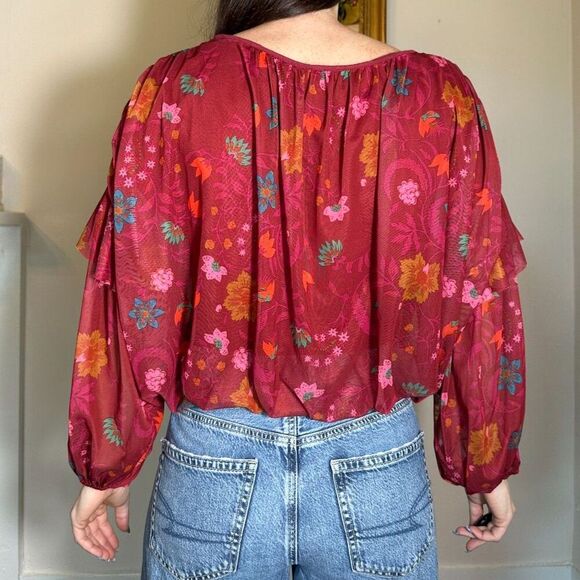 Free People Red Boho Longsleeve Blouse Size Small - Picture 2 of 4